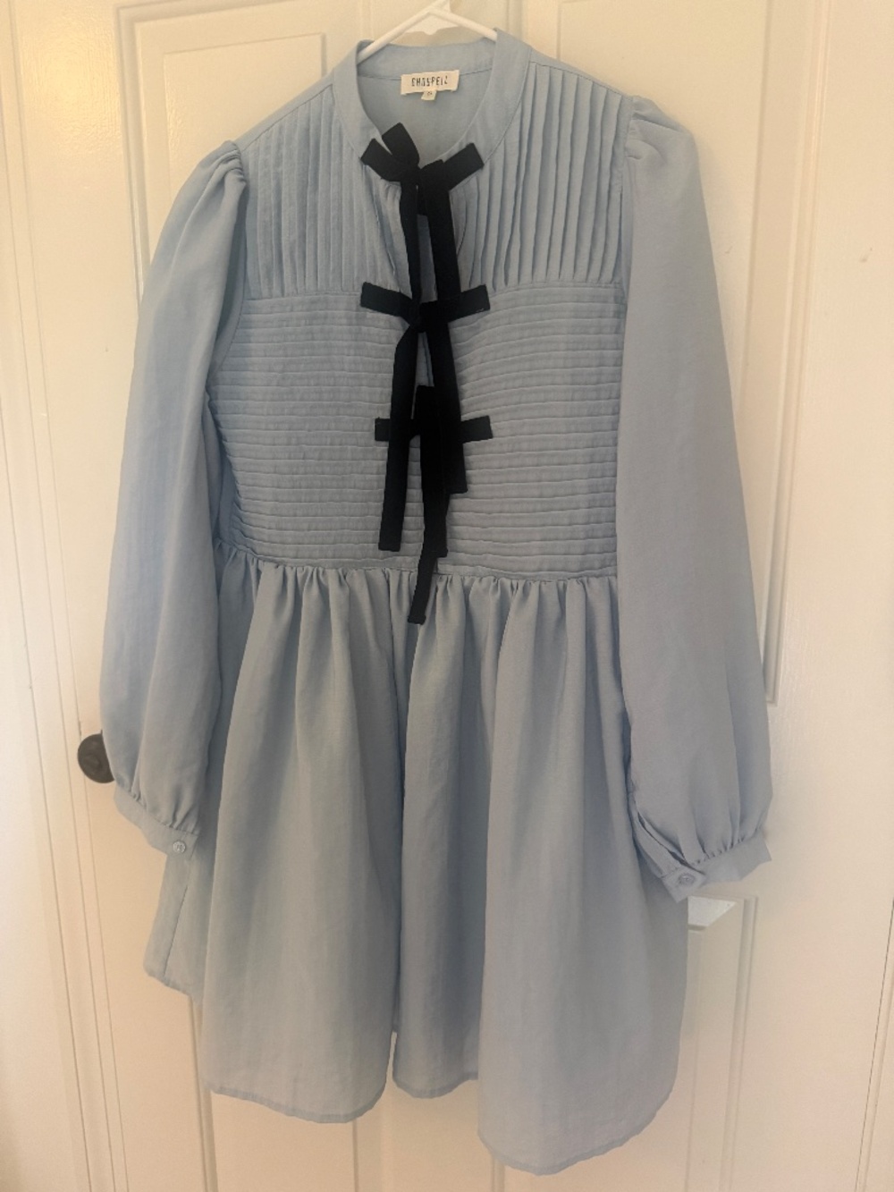 Ghospell Kylie NWT Light Blue Long Sleeve Dress MINI Velvet Bow Small coquette